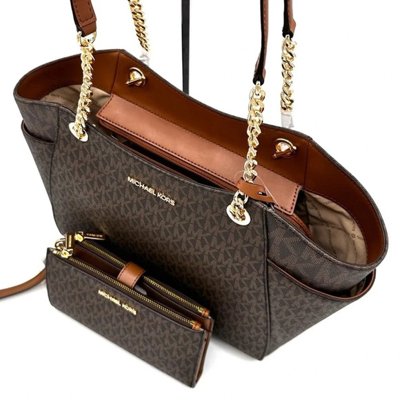 Michael Kors Large Jet Set Travel Chain Shoulder Bag & Double Zip Wallet Brown - Picture 11 of 15
